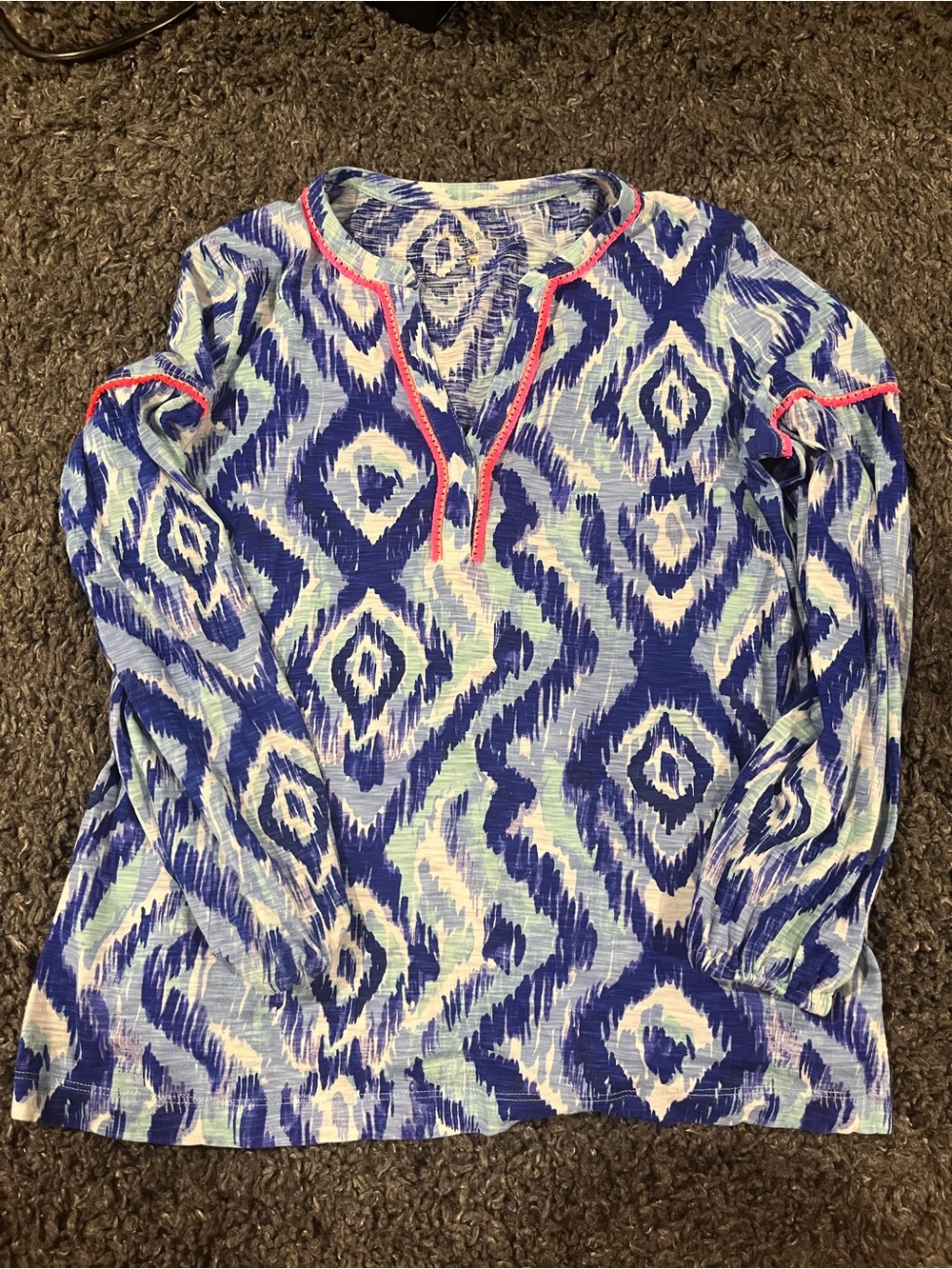 Women’s Lilly Pulitzer Kalissa Top Blue Swish "Skipped A Beach" Pink Fringe XS